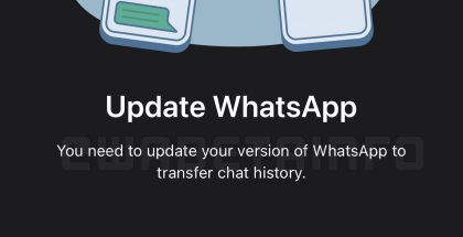 WhatsApp testaa mahdollisuutta siirtää keskusteluhistoria eri käyttöjärjestelmän laitteiden välillä. Kuva WABetaInfon esiin kaivamasta näkymästä, joka kertoo WhatsAppin iPhone-sovelluksessa tarpeesta päivittää sovellus keskustelujen siirtämiseksi Android-laitteelle.