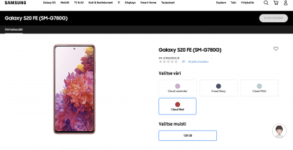 Samsung Galaxy S20 FE:n uusi versio, SM-G780G, löytyy jo listattuna Samsungin Suomenkin verkkokaupasta.