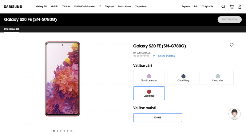 Samsung Galaxy S20 FE:n uusi versio, SM-G780G, löytyy jo listattuna Samsungin Suomenkin verkkokaupasta.