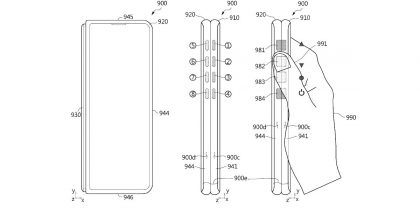 Samsungin patenttikuva taittuvanäyttöisestä laitteesta virtuaalisilla painikkeilla kyljellä.Samsungin patenttikuva taittuvanäyttöisestä laitteesta virtuaalisilla painikkeilla kyljellä.