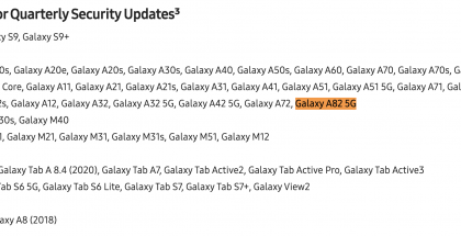 Galaxy A82 5G on jo mainittu Samsungin päivityssivulla.