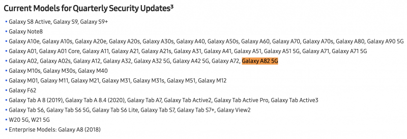 Galaxy A82 5G on jo mainittu Samsungin päivityssivulla.