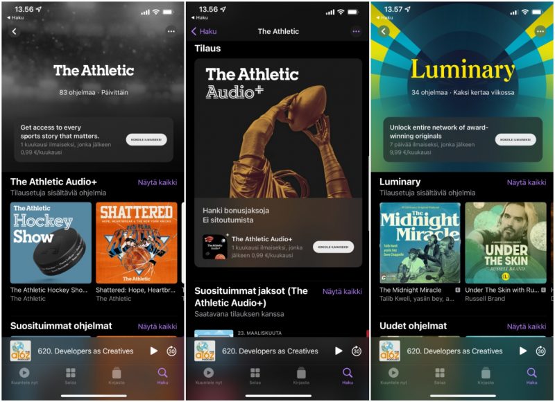 Applen Podcastit-sovelluksen kautta on nyt tarjolla maksullisia tilauksia.