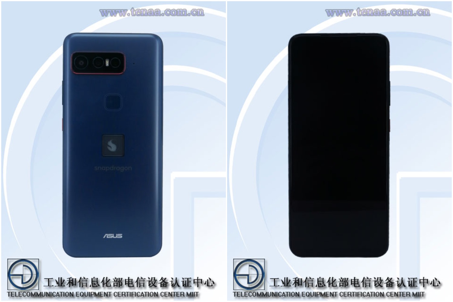 Qualcommin Snapdragon-brändiä kantava Asus-älypuhelin mallikoodilla I007D kiinalaisviranomaisen TENAAn kuvissa.