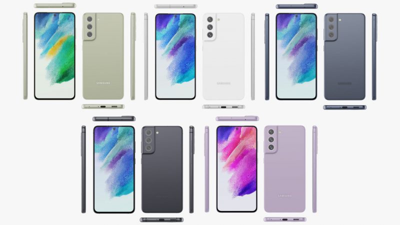 Samsung Galaxy S21 FE eri väreissä. Kuvat: Evan Blass / Twitter.