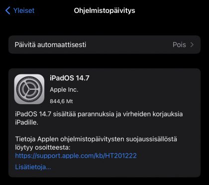 iPadOS 14.7 on nyt ladattavissa.