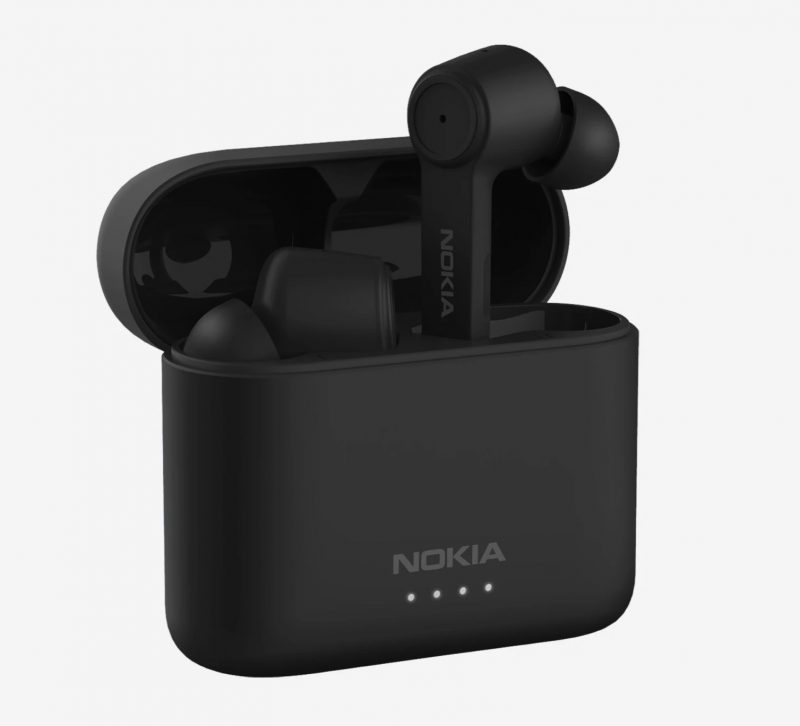 Nokia Noice Cancelling Earbuds -kuulokkeet latauskotelonsa kanssa.
