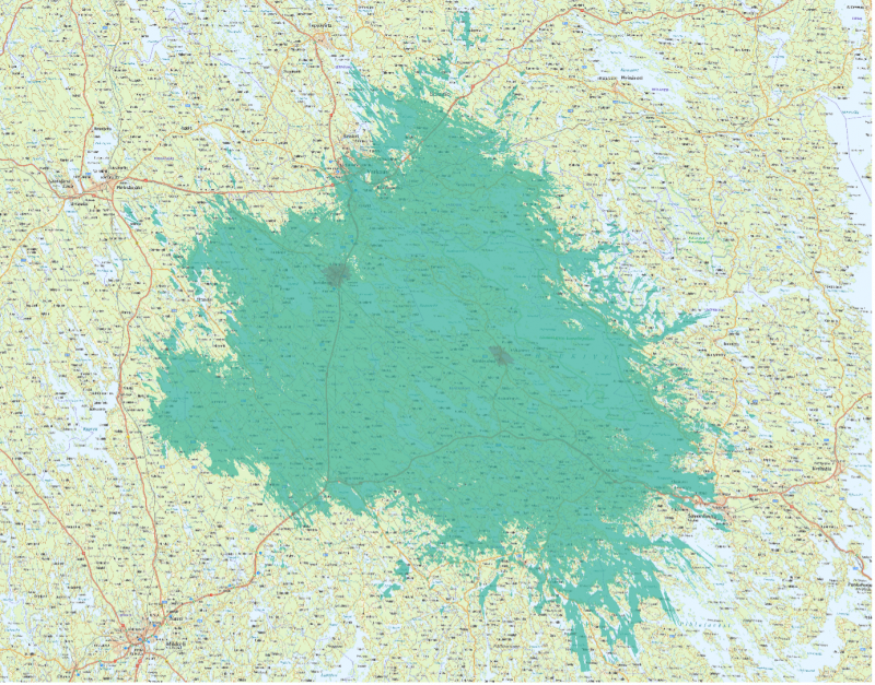 Suomen Yhteisverkon 5G-verkon tuleva peittoalue Joroisten ja Rantasalmen alueella. Kuvassa vaaleampi vihreä kuvaa 700 megahertsin taajuuden 5G-verkkoa, tummempi vihreä nopeampaa 3,5 gigahertsin taajuuden 5G-verkkoa.