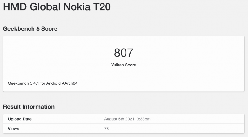 Nokia T20 GeekBenchissä.