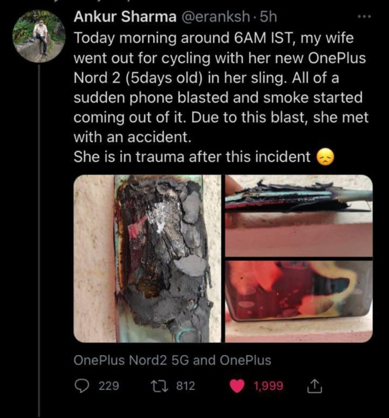 Tässä aiempi räjähdystapaus. Ankur Sharman sittemmin poistama twiitti hänen vaimonsa räjähtäneestä OnePlus Nord 2 5G -älypuhelimesta.