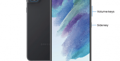 Kuva Galaxy S21 FE 5G:n ohjekirjasta kertoo puhelimen eri painikkeista ja yksityiskohdista.