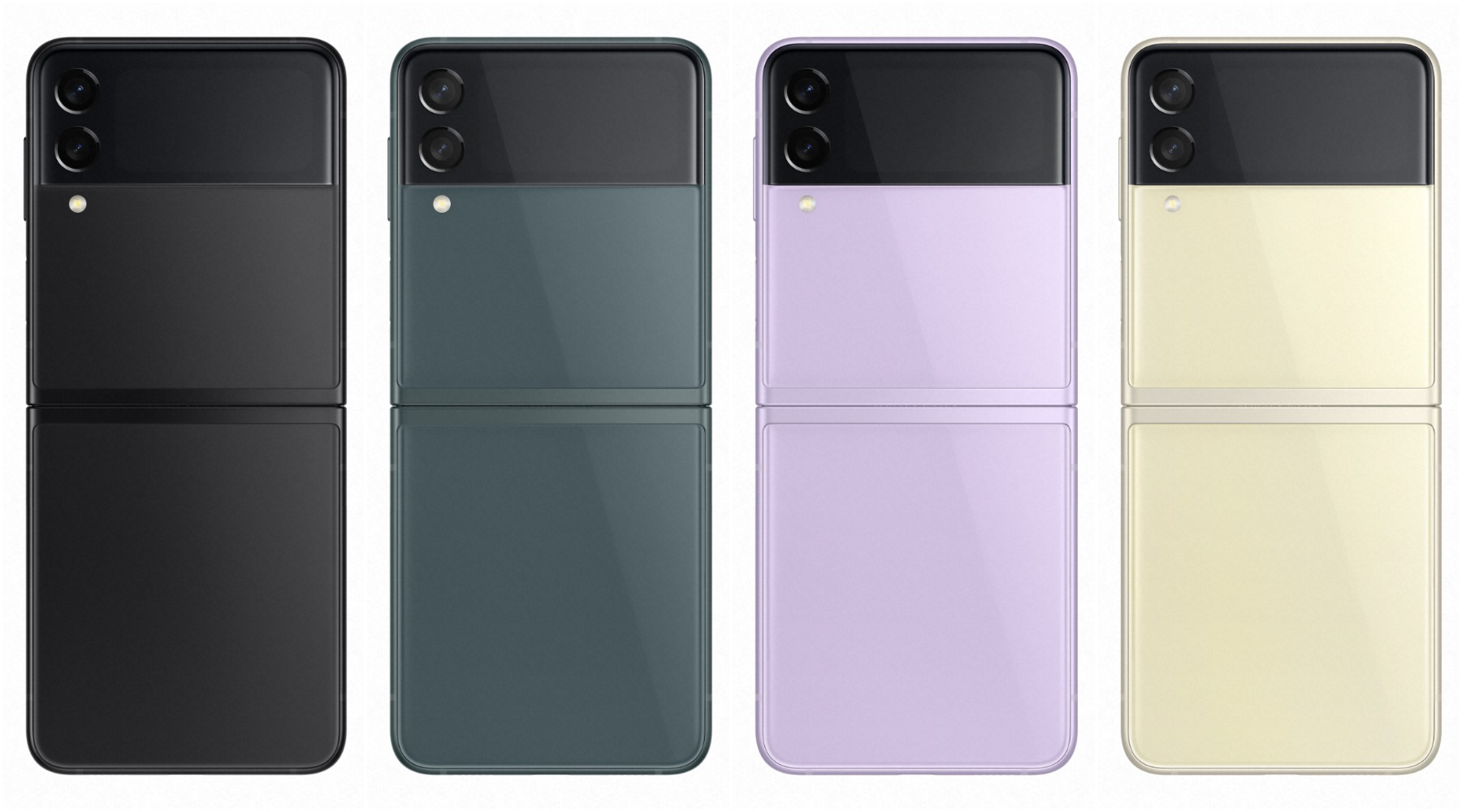Samsung Galaxy Z Flip3 5G:n neljä perusvärivaihtoehtoa.