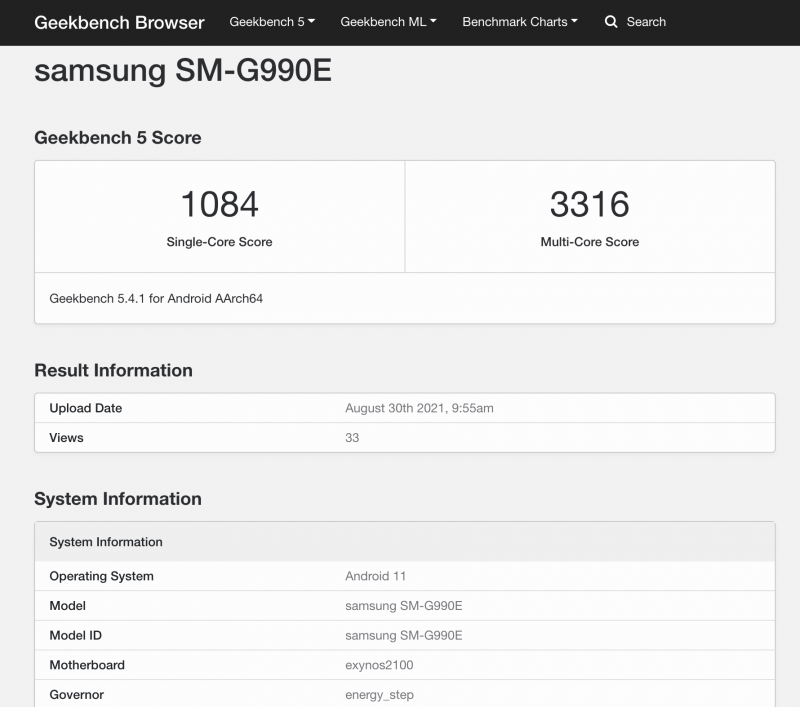 Samsung SM-G990E eli oletettu Galaxy S21 FE 5G varustettuna Exynos 2100:lla GeekBench-suorituskykytestissä.