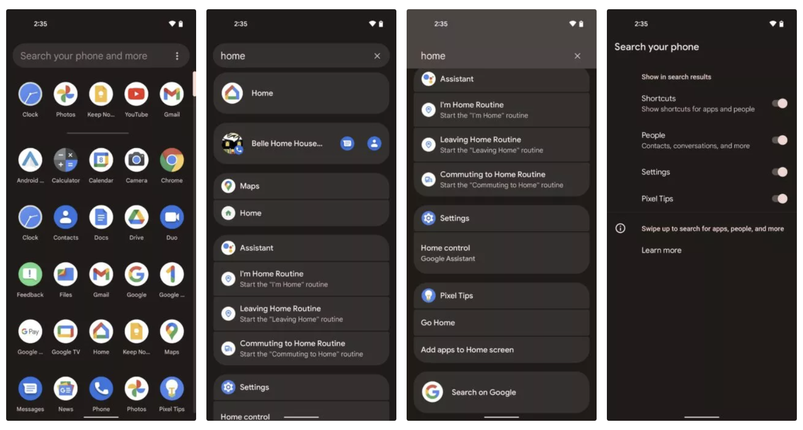 Android 12 Beta 5 toi käyttöön uuden hakutoiminnon koko laitteen sisällöstä. Pixel-puhelimissa se löytyy toistaiseksi sovellusvalikon kautta. Esimerkkinä tässä on haettu "home" eli kotia, joka tuo erilaisia tuloksia niin sovelluksista, Google Mapsista, Assistantista kuin myös asetuksista. Kuva: Android Authority.