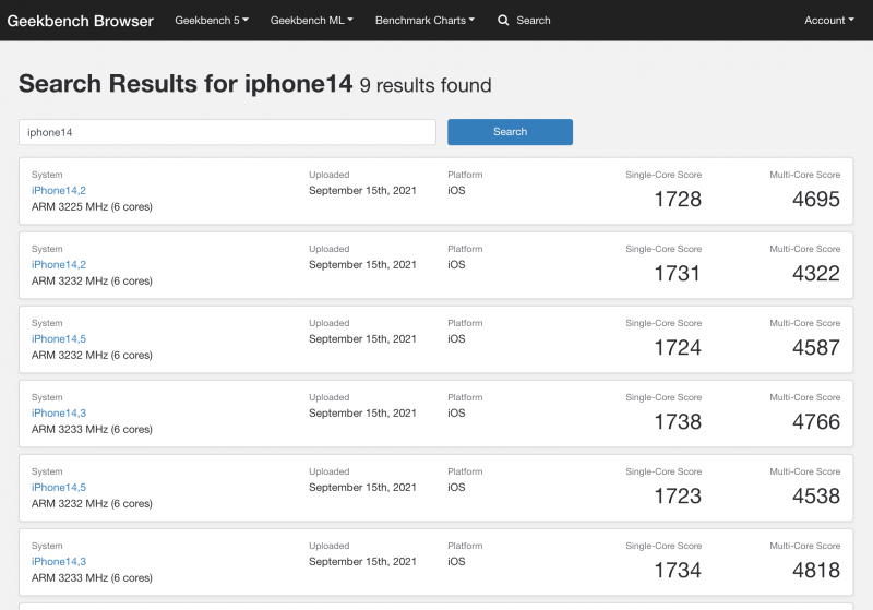 GeekBenchissä iPhone 13 -puhelinten tulokset näkyvät iPhone14,-alkuisilla mallikoodeilla.