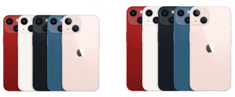 iPhone 13 mini ja iPhone 13 eri väreissä.