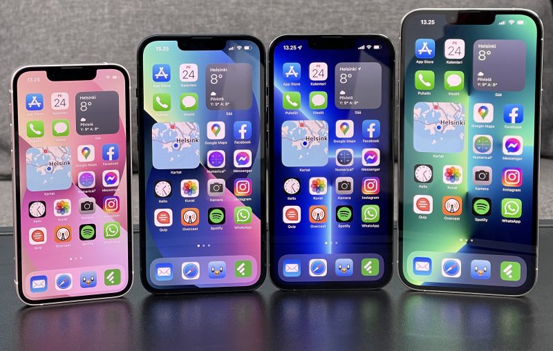 iPhone 13 mini, iPhone 13, iPhone 13 Pro ja iPhone 13 Pro Max. 120 hertsin näyttö löytyy vain Pro-malleista.