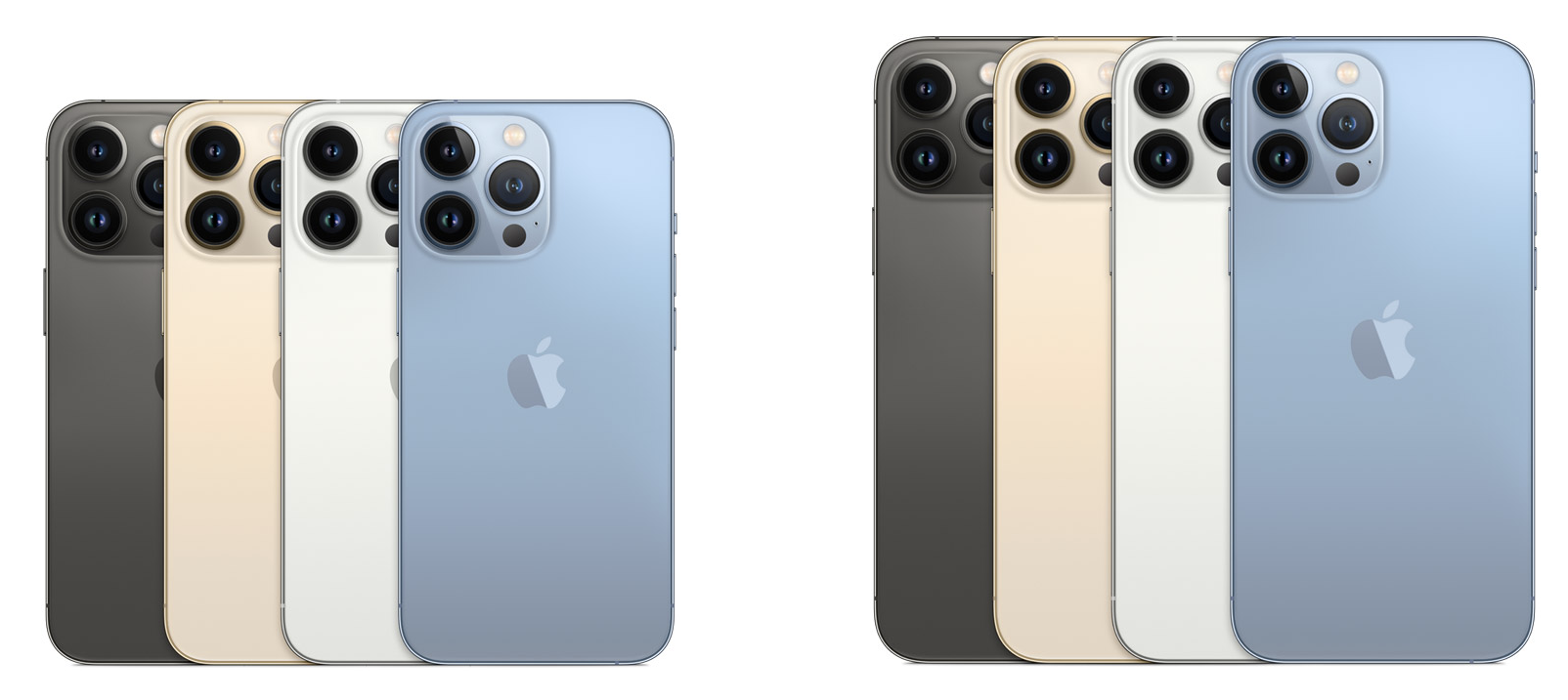 iPhone 13 Pro ja iPhone 13 Pro Max eri väreissä.
