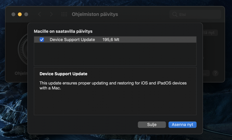 macOS:lle on saatavilla Device Support Update -päivitys.