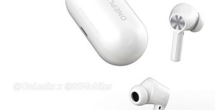 OnePlus Buds Z2 -kuulokkeet ja latauskotelo mallinnoskuvassa. Kuva: OnLeaks / 91mobiles.