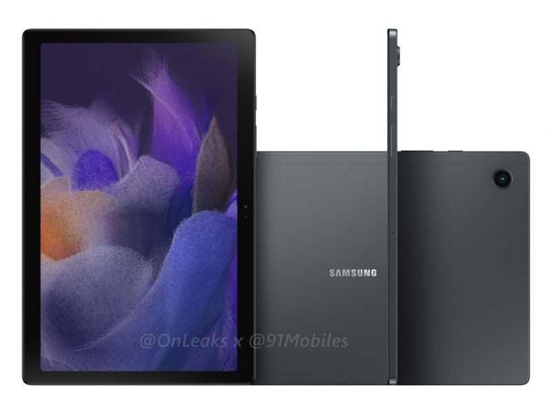 Samsung Galaxy Tab A8 2021 edestä, takaa ja sivulta. Kuva: OnLeaks / 91mobiles.