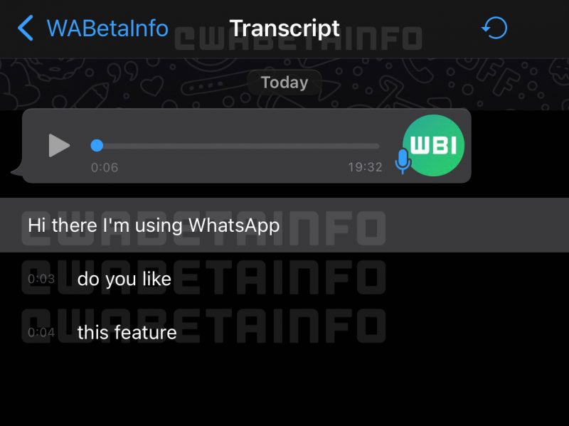WhatsApp on saamassa uuden toiminnon, jolla ääniviestit voi muuttaa tekstiksi. Kuva: WABetaInfo.
