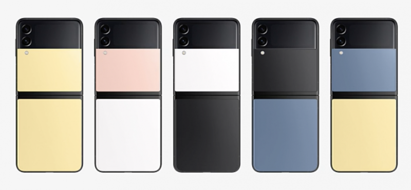 Galaxy Z Flip3 Bespoke Editionissa kannen ylä- ja alaosan lasipinnan värin voi valita erikseen viidestä vaihtoehdosta. Lisäksi runko voi olla musta tai hopea.