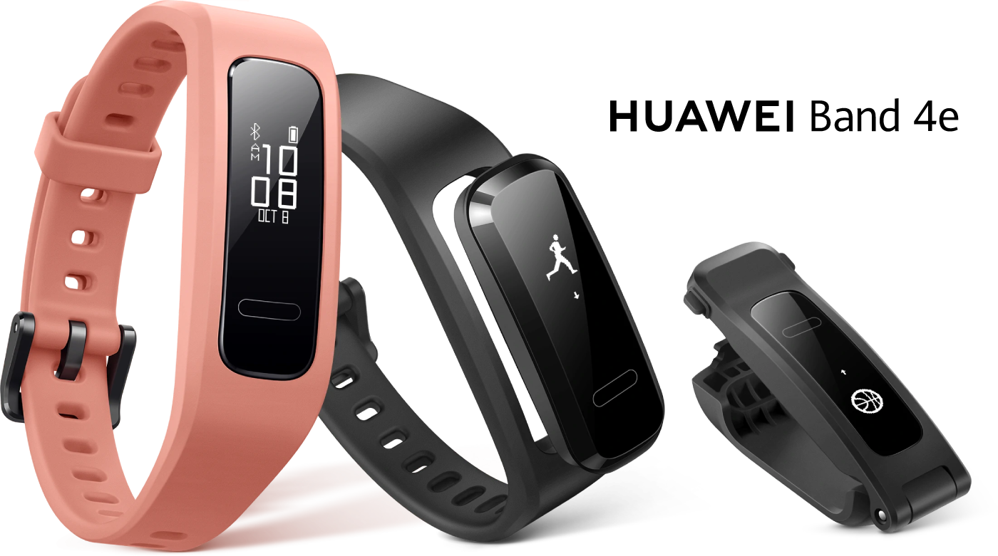 Huawei Band 4e Activen musta ja korallinpunainen värivaihtoehto.
