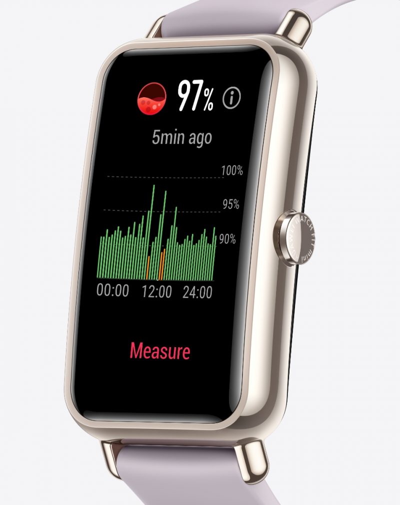 Huawei Watch Fit minissä on myös veren happipitoisuuden mittaus.