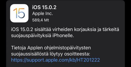 iOS 15.0.2 on nyt ladattavissa.