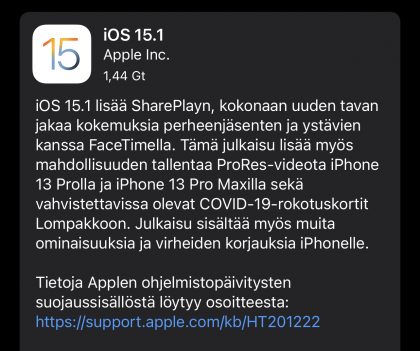 iOS 15.1 on nyt ladattavissa.