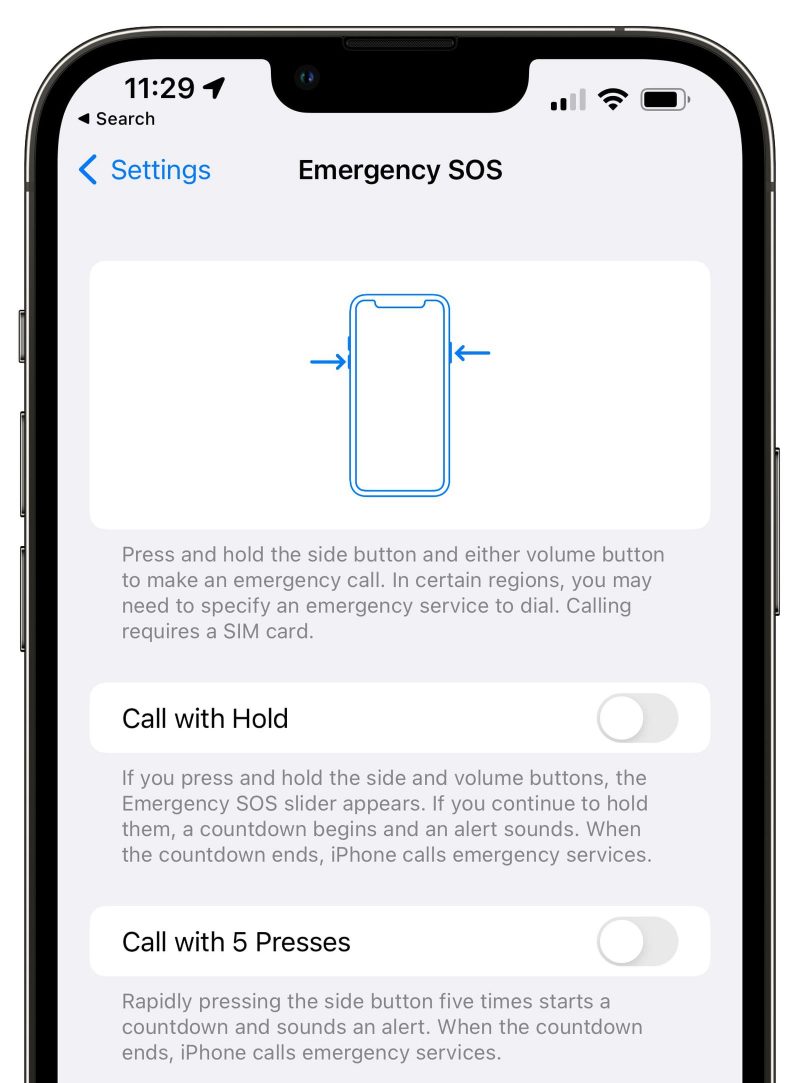iOS 15.2 tuo automaattiseen hätäpuheluun kaksi eri vaihtoehtoa. Kuva: MacRumors.