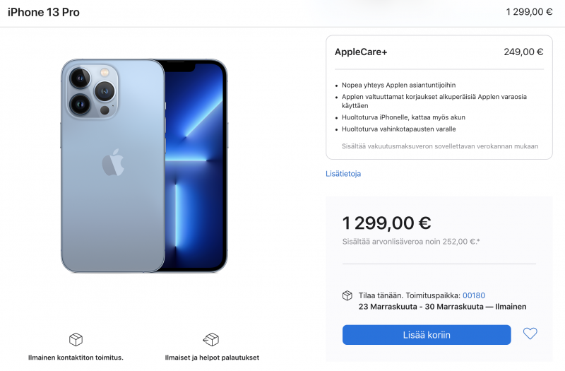 Esimerkiksi iPhone 13 Pro -puhelinten toimitusaikaennusteet uusille tilauksille ovat yhä noin kuukauden tai ylikin.