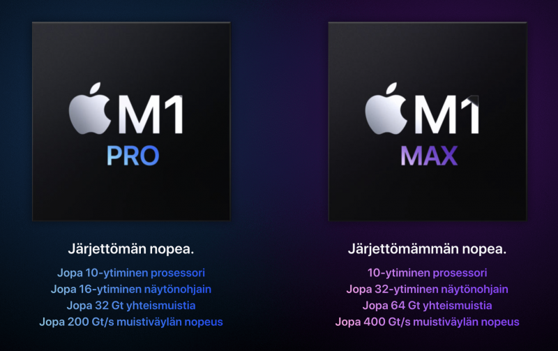 M1 Pro tai M1 Max - mutta oikeasti se ei ole näin yksinkertaista, sillä versioita on Prosta kolme ja Maxistakin kaksi.