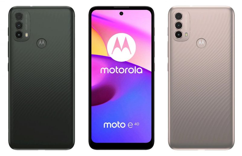 Motorola Moto E40 kahtena värivaihtoehtona.