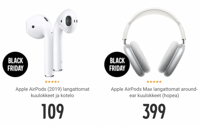 Black Fridayn huipennus on tuonut hyviä tarjouksia Apple-kuulokkeista - 2. sukupolven AirPods 109 eurolla ja AirPods Max 399 eurolla.