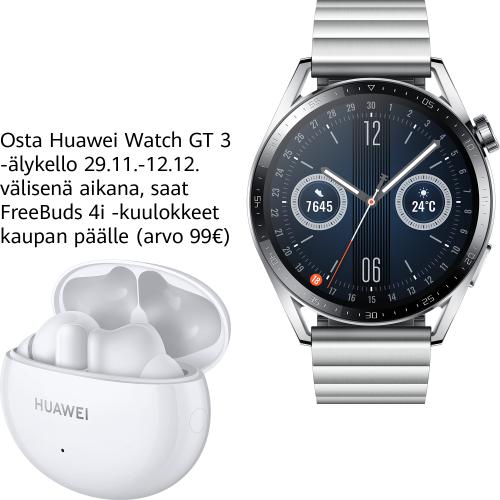 Huawei Watch GT 3 -kellojen ostajille tarjotaan kaupan päälle 12. joulukuuta asti FreeBuds 4i -kuulokkeita.