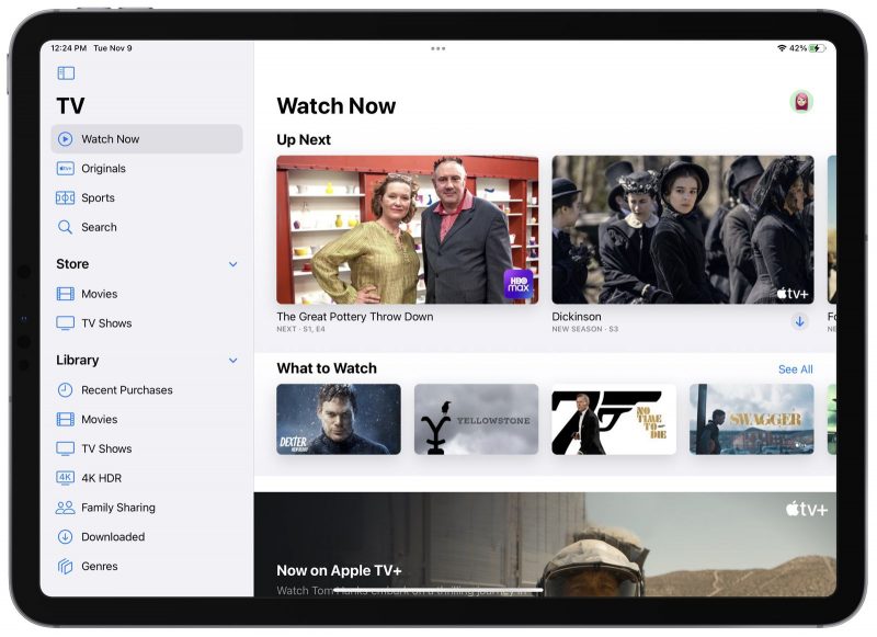 Applen TV-sovellus saa iPadOS 15.2:n myötä uuden sivupalkin.
