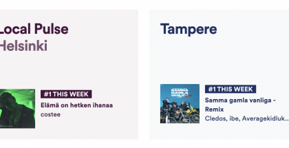 Spotify tarjoaa kaupunkilistat Suomesta Helsingin ja Tampereen osalta.