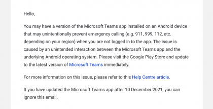 Google on muistuttanut käyttäjiä sähköpostitse Microsoft Teamsin päivittämisestä.