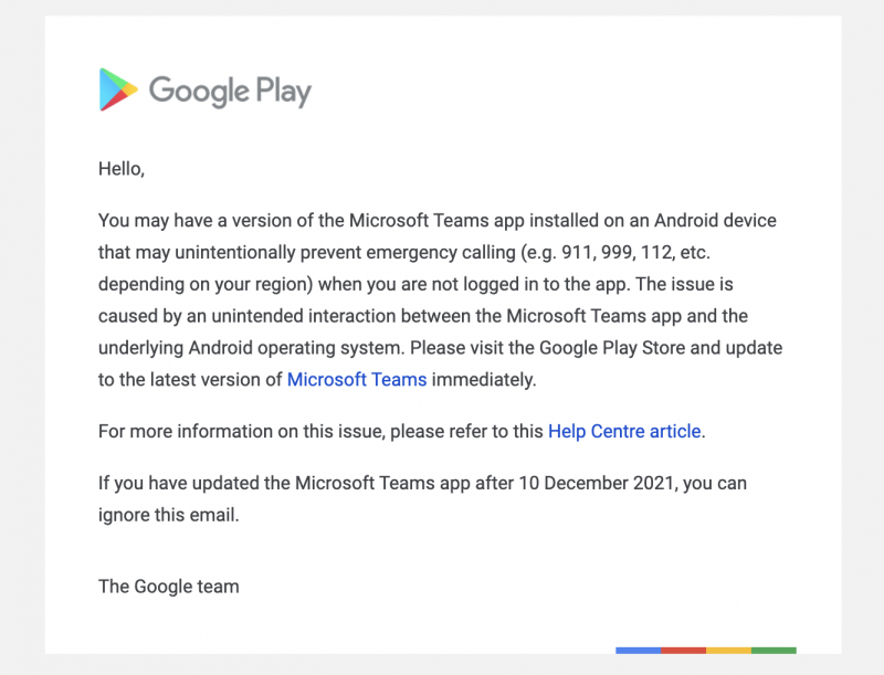 Google on muistuttanut käyttäjiä sähköpostitse Microsoft Teamsin päivittämisestä.
