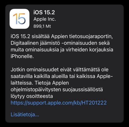 iOS 15.2 on nyt ladattavissa.