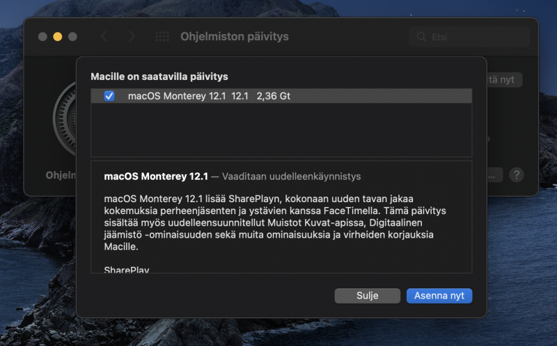 macOS Monterey 12.1 on nyt ladattavissa.
