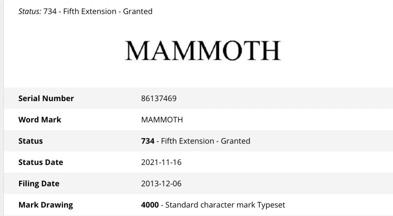 Mammoth-tavaramerkki on käytännössä Applen hallussa Yosemite Research LLC -yhtiön kautta.