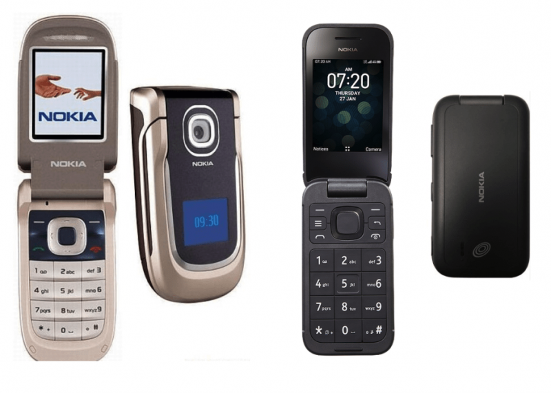 Vasemmalla alkuperäinen Nokia 2760 vuodelta 2007, oikealla uusi Nokia 2760 Flip.