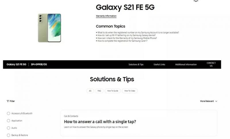 Samsung Galaxy S21 FE 5G:n tukisivu julkaistiin jo puhelimen varsinaisen mallinimen ja tuotekuvan kera.