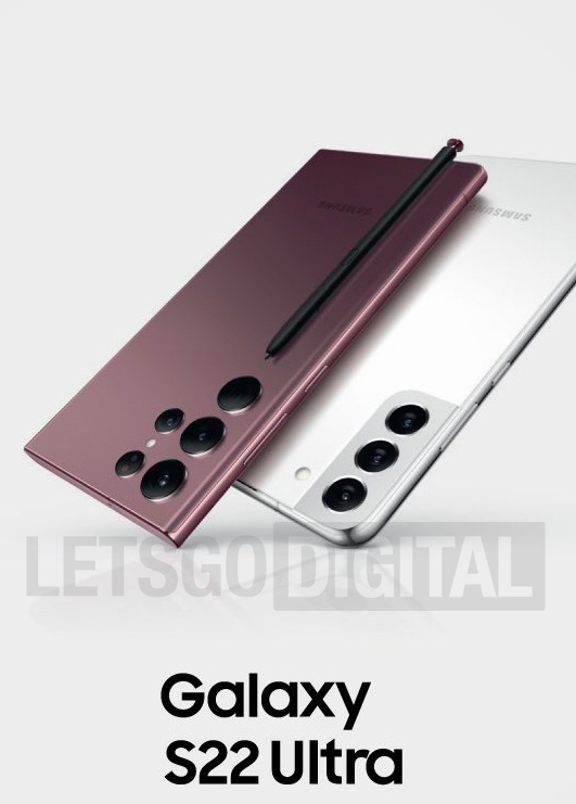 Samsung Galaxy S22 Ultra, S Pen -kynä sekä Galaxy S22+. LetsGoDigital-sivuston julkaisema Samsungin tuotekuva.