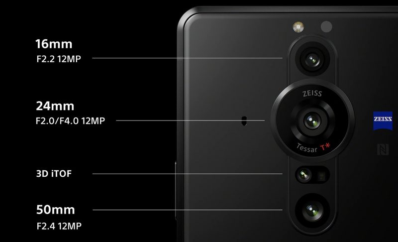 Sony Xperia PRO-I:n kolme takakameraa ja ToF-syvyyssensori.