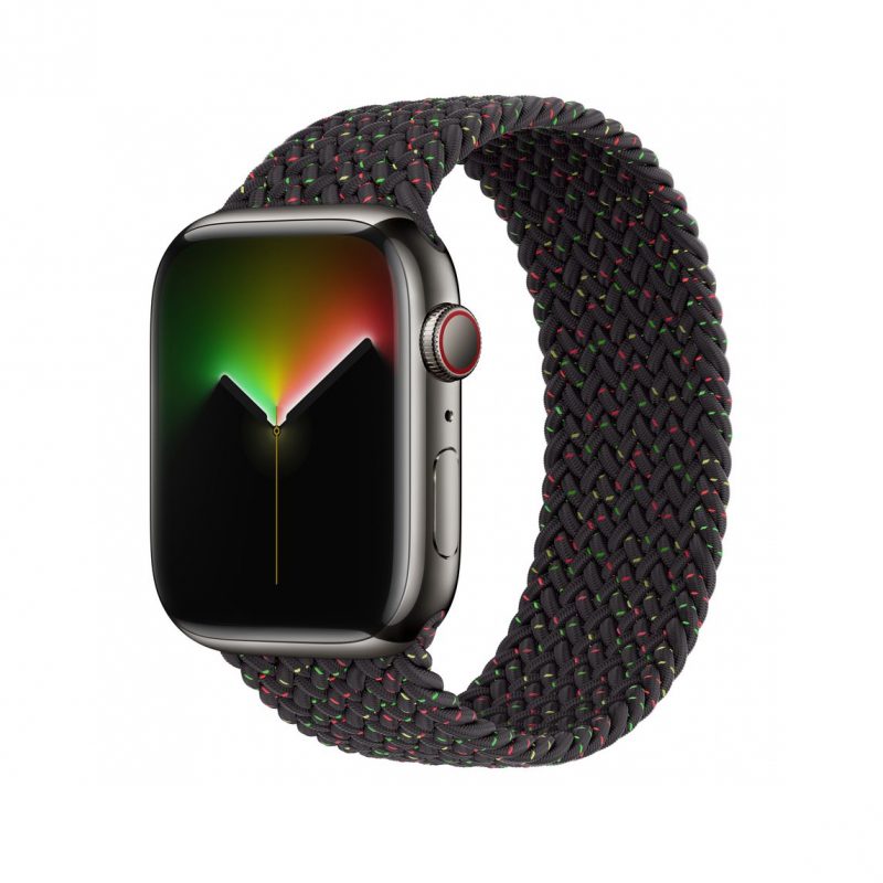 Apple Watch punotulla Black Unity Solo Loop -rannekkeella ja Yhtenäisyyden valot -kellotaululla.