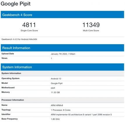 Googlen Pipit-koodinimellisen laitteen GeekBench-suorituskykytesti. Kuva: MySmartPrice.
